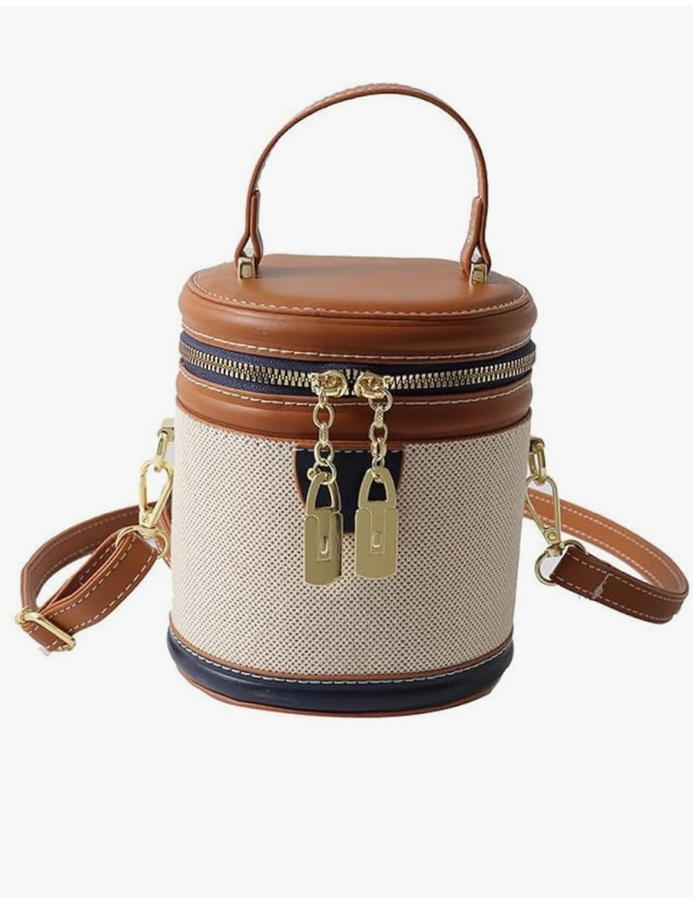Canvas & Tan Leather Round Mini Crossbody Bag with Gold Hardware